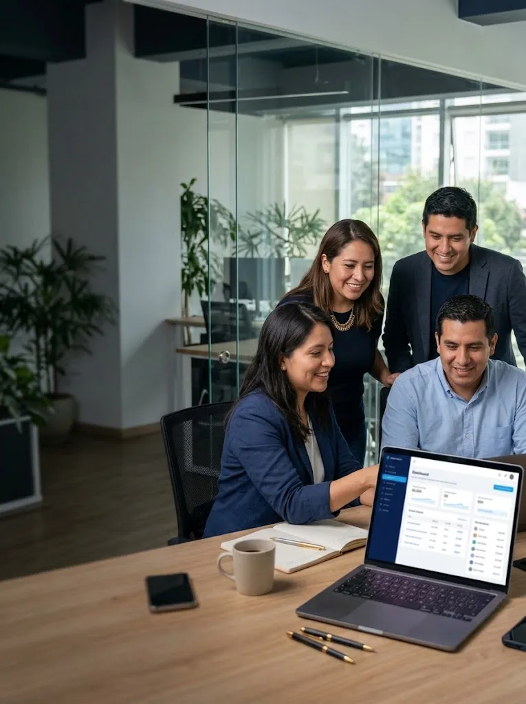 Equipo de soporte de HotelPeruSoft trabajando en la oficina